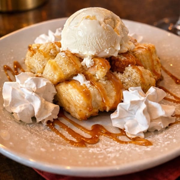 Bacco Centro's monkey bread dessert with vanilla ice cream, caramel drizzle, and whipped cream.